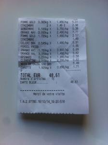 Mon ticket de caisse d'achat de mes fruits et légumes pour préparer ms jus de légumes frais et mes jus de fruits frais